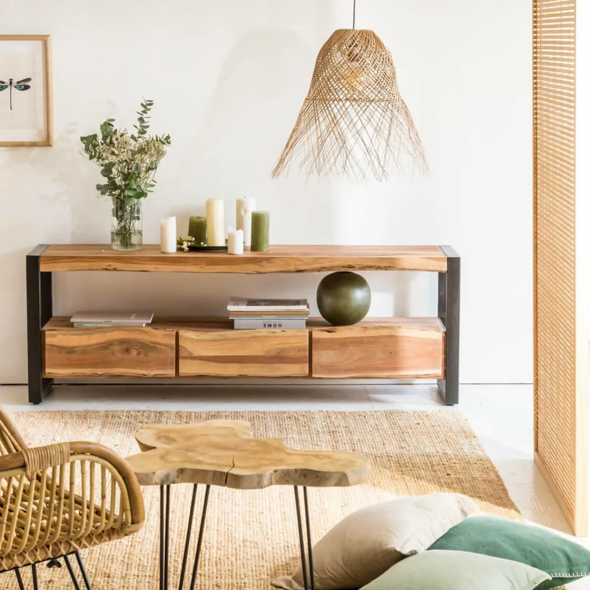 Made in Meubles Meuble TV en bois d'acacia 3 tiroirs Tree