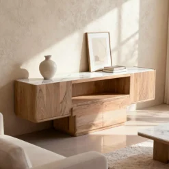 Made in Meubles Meuble TV en bois d'acacia et marbre Tara