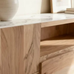 Made in Meubles Meuble TV en bois d'acacia et marbre Tara