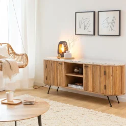 Made in Meubles Meuble TV en bois de manguier et terrazzo Ambrine