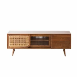 Made in Meubles Meuble TV en bois de manguier et cannage Charline