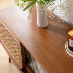 Made in Meubles Meuble TV en bois de manguier et cannage Charline