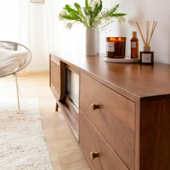 Made in Meubles Meuble TV en bois de manguier et cannage Charline