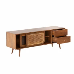 Made in Meubles Meuble TV en bois de manguier et cannage Charline