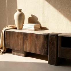 Made in Meubles Meuble TV en bois de manguier et en travertin Carola