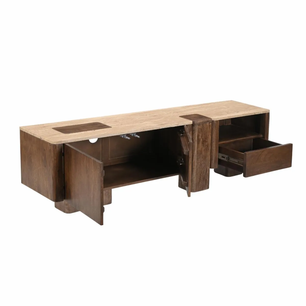 Made in Meubles Meuble TV en bois de manguier et en travertin Carola