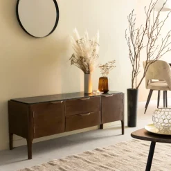 Made in Meubles Meuble TV en bois de manguier et marbre noir Roch