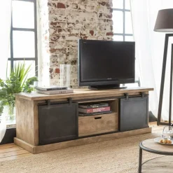 Made in Meubles Meuble TV en bois de manguier brossé et métal noir 150 cm Helsinki