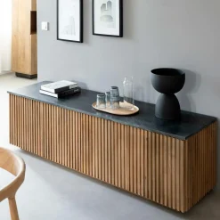 Made in Meubles Meuble TV en bois de manguier et marbre Betty