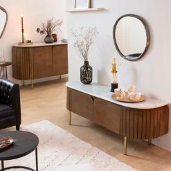 Made in Meubles Meuble TV en bois de manguier et marbre Sienne