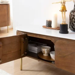 Made in Meubles Meuble TV en bois de manguier et marbre Sienne