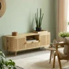 Made in Meubles Meuble TV en bois de manguier et cannage Palma
