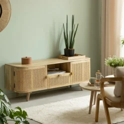 Made in Meubles Meuble TV en bois de manguier et cannage Palma