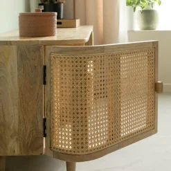 Made in Meubles Meuble TV en bois de manguier et cannage Palma