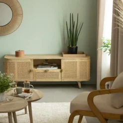 Made in Meubles Meuble TV en bois de manguier et cannage Palma