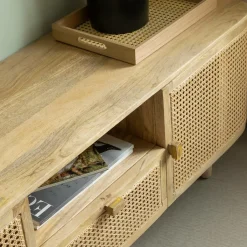 Made in Meubles Meuble TV en bois de manguier et cannage Palma