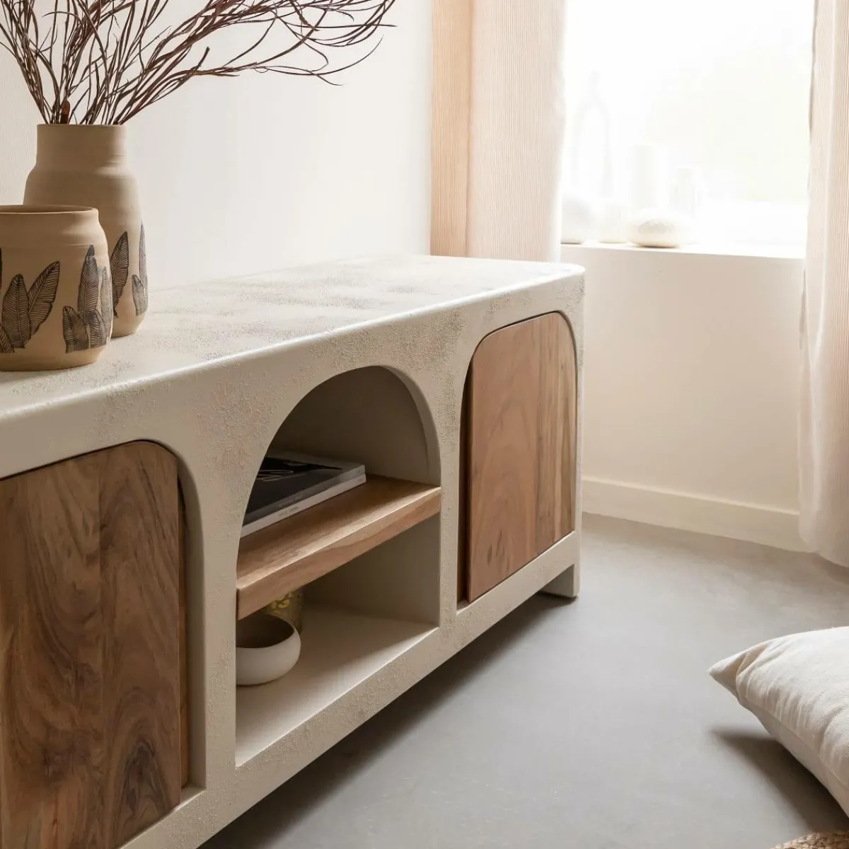 Made in Meubles Meuble TV en bois effet béton et bois d'acacia Dalva