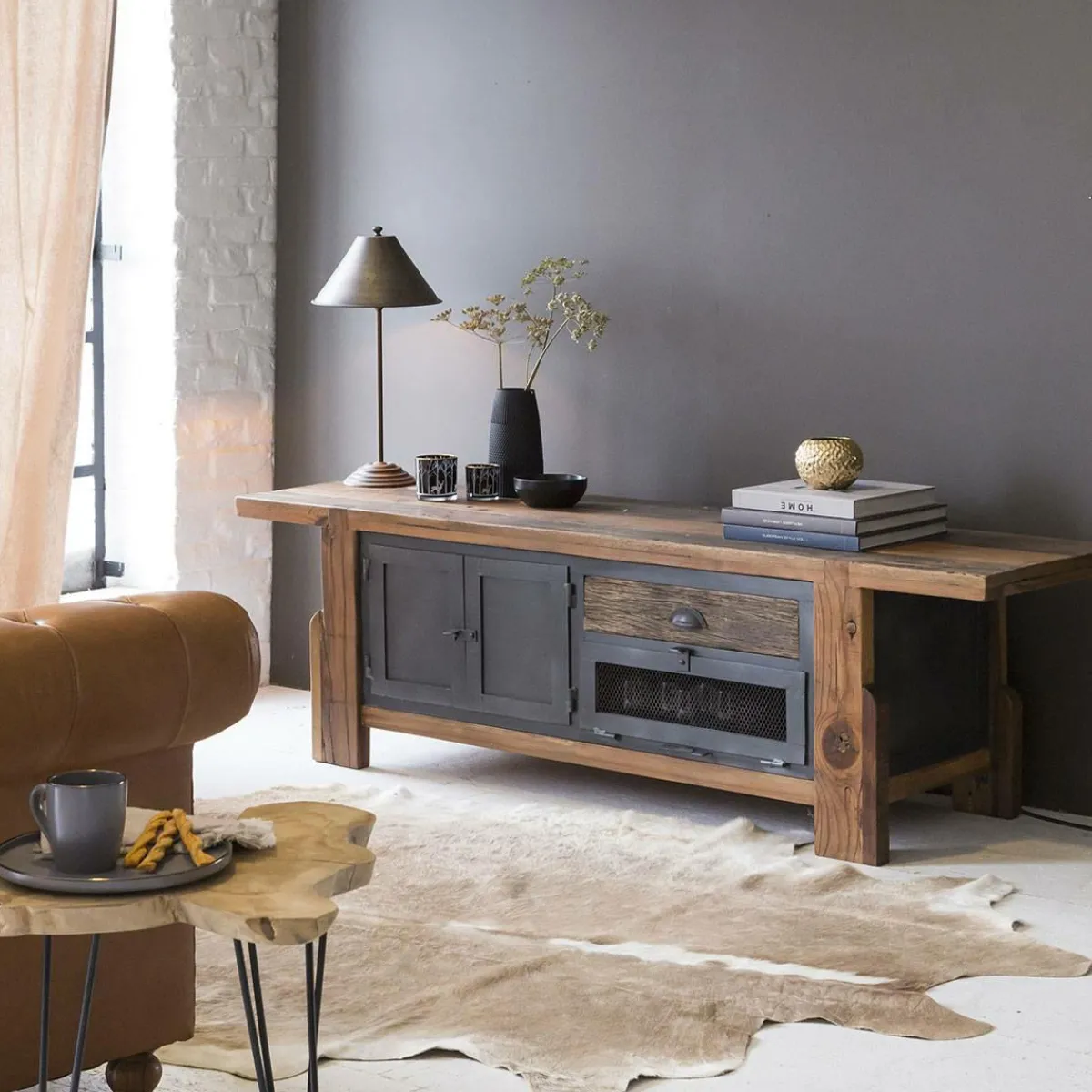 Made in Meubles Meuble TV en bois recyclé et métal Hector