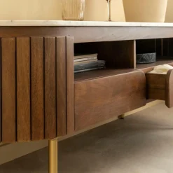 Made in Meubles Meuble TV en marbre et bois de manguier Sienne
