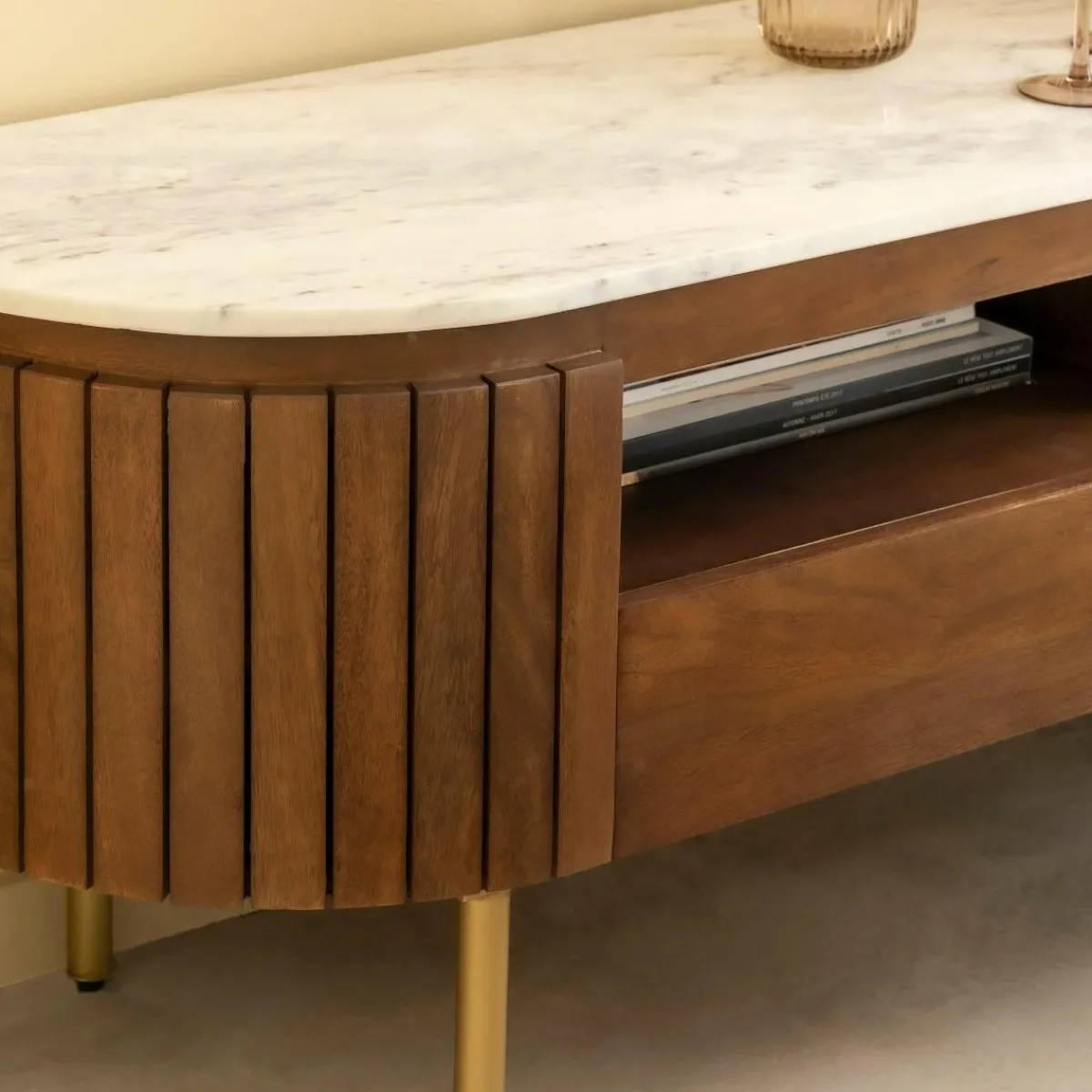 Made in Meubles Meuble TV en marbre et bois de manguier Sienne