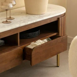 Made in Meubles Meuble TV en marbre et bois de manguier Sienne