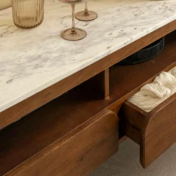 Made in Meubles Meuble TV en marbre et bois de manguier Sienne