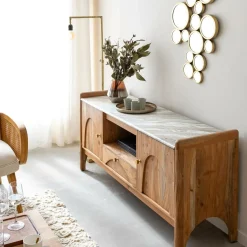 Made in Meubles Meuble TV en marbre et bois d'acacia Calix