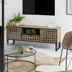 Made in Meubles Meuble TV en sapin et métal noir Elise