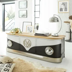 Made in Meubles Meuble TV noir avec plateau en bois de manguier Combi