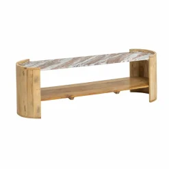 Made in Meubles Meuble TV ovale en bois de manguier et marbre Isabella