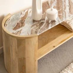 Made in Meubles Meuble TV ovale en bois de manguier et marbre Isabella