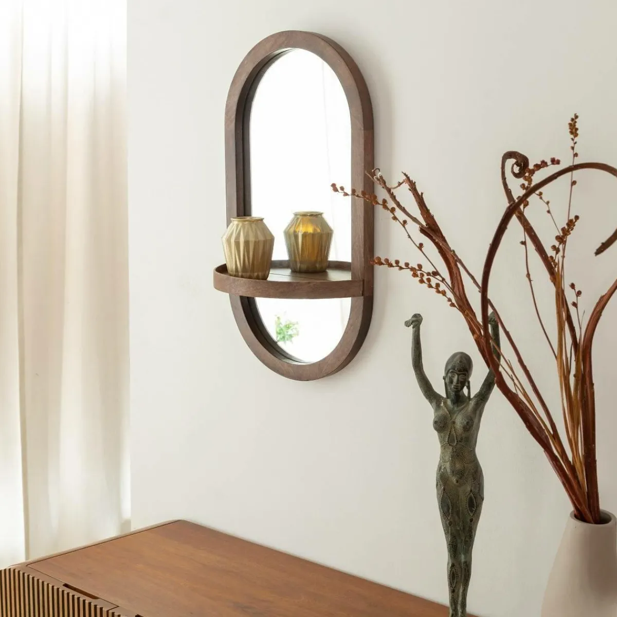 Made in Meubles Miroir ovale avec étagère en bois de manguier Marley