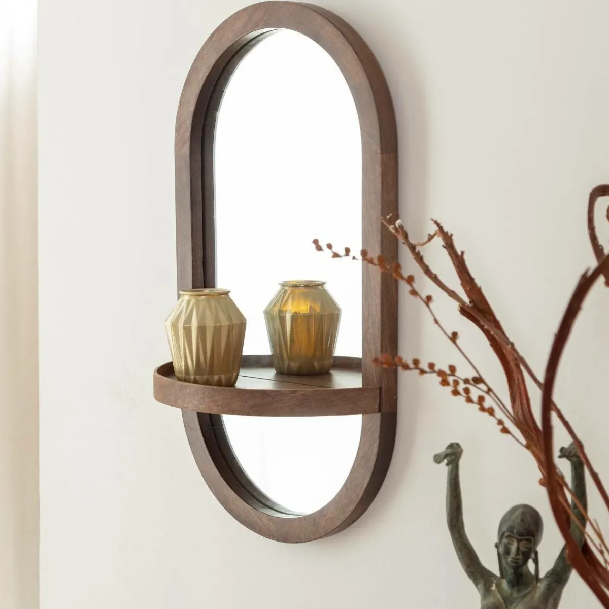 Made in Meubles Miroir ovale avec étagère en bois de manguier Marley