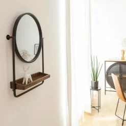 Made in Meubles Miroir rond avec étagère en bois et métal Gary