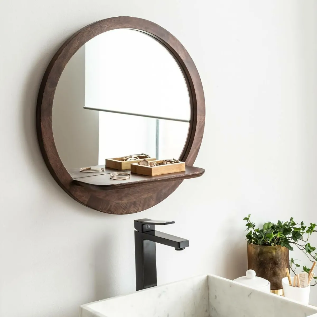 Made in Meubles Miroir rond avec étagère en bois de manguier Marley