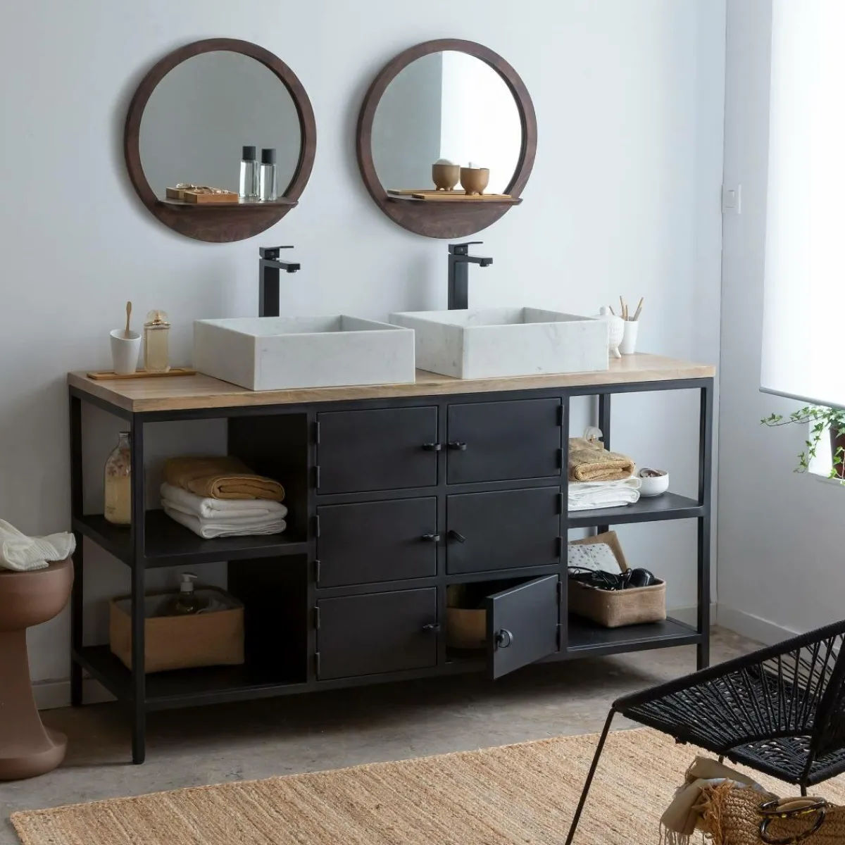 Made in Meubles Miroir rond avec étagère en bois de manguier Marley