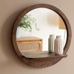 Made in Meubles Miroir rond avec étagère en bois de manguier Marley