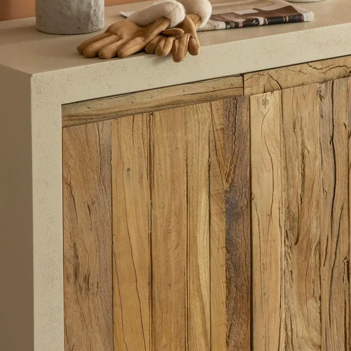 Made in Meubles Petit buffet 2 portes en bois effet béton et bois recyclé Dalva