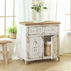 Made in Meubles Petit buffet blanc en pin massif brossé Bastille