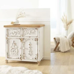 Made in Meubles Petit buffet blanc en pin massif brossé Bastille