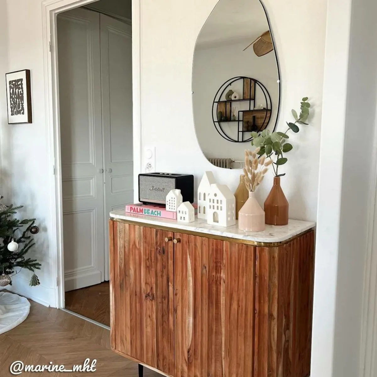 Made in Meubles Petit buffet en bois d'acacia et marbre blanc Judith