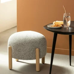 Made in Meubles Petit tabouret en tissu bouclette gris Nério