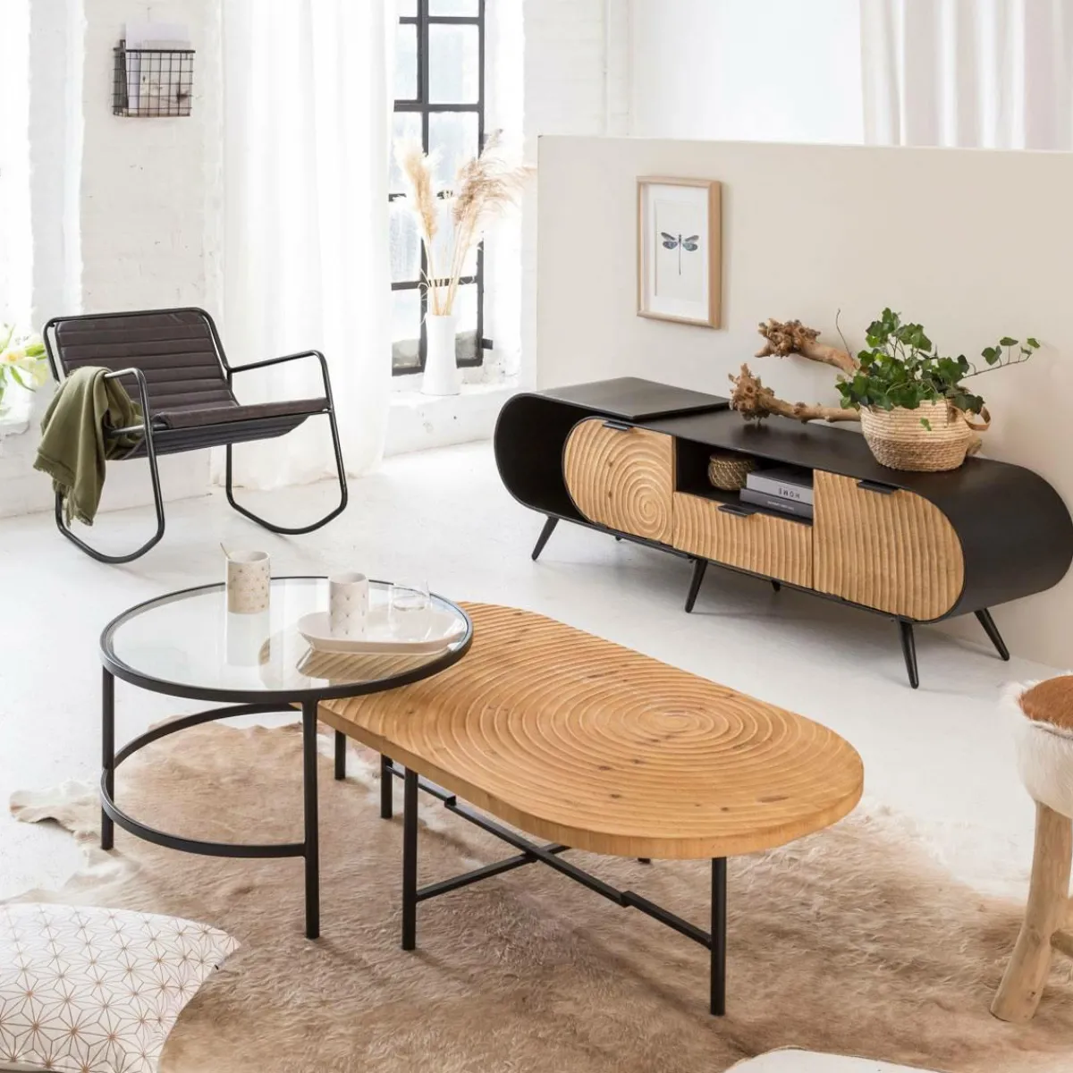 Made in Meubles Rocking chair en cuir noir Sydney