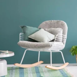 Made in Meubles Rocking chair en métal blanc tissu gris Ethan