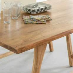 Made in Meubles Table à manger haute + 2 bancs en bois d'acacia Orane