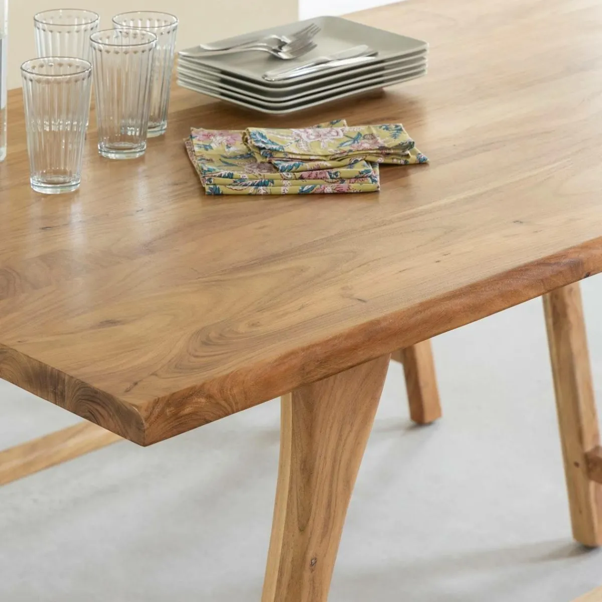 Made in Meubles Table à manger haute + 2 bancs en bois d'acacia Orane