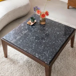 Made in Meubles Table basse carrée en bois de manguier et marbre noir Ilithe