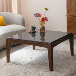 Made in Meubles Table basse carrée en bois de manguier et marbre noir Ilithe