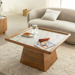 Made in Meubles Table basse carrée en bois de manguier et marbre Adler