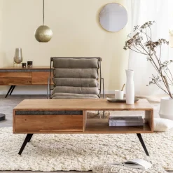 Made in Meubles Table basse en bois d'acacia et pierre Yvan